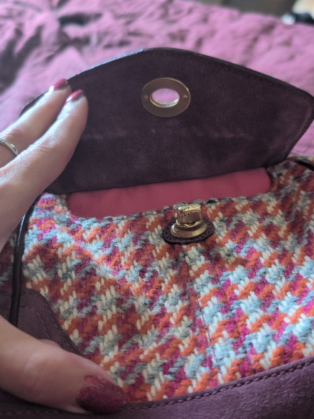 Coach Multicolor Houndstooth Tweed Satchel with Purple Trim - Picture 5 of 11